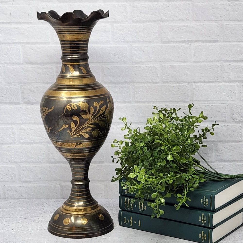 14" Tall‎ Vintage Etched Solid Brass and Black Enamel Vase, Floral,  Large Vase